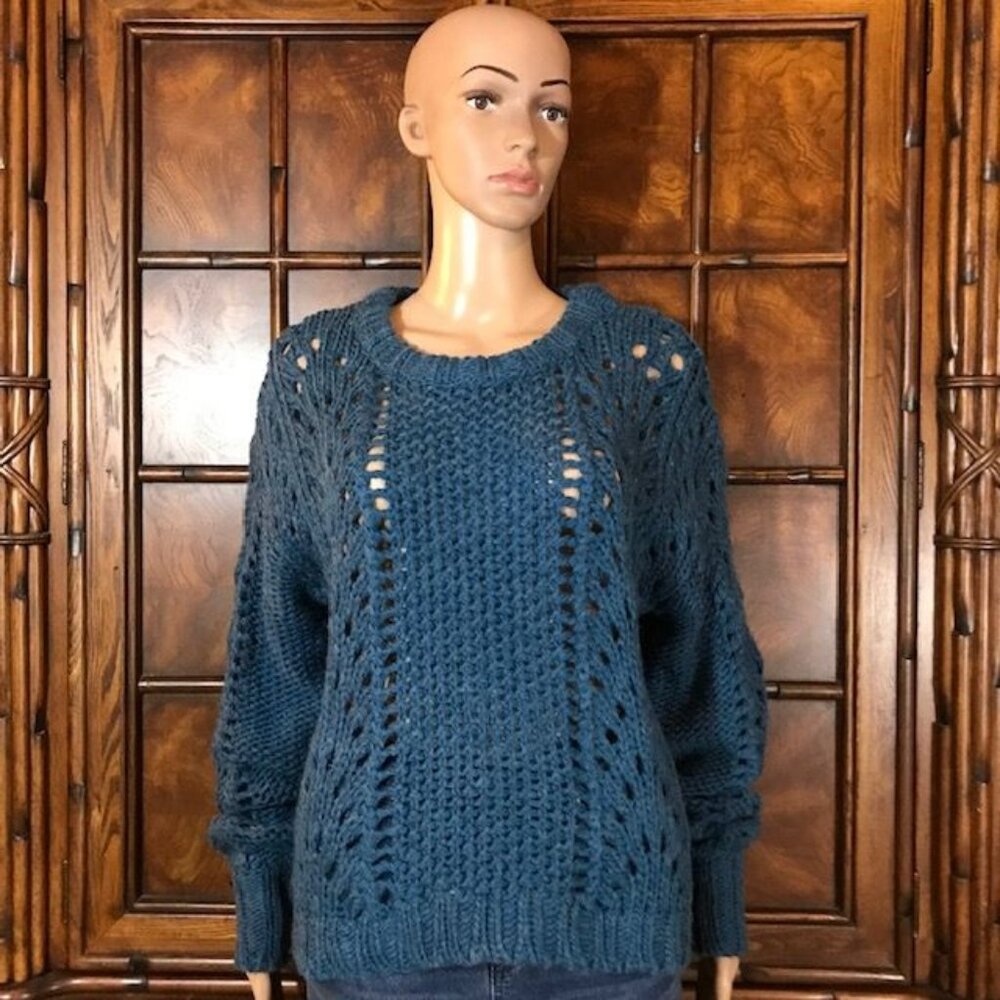 Cable Stitch Mediterranean Blue Wool Blend Open Weave Sweater